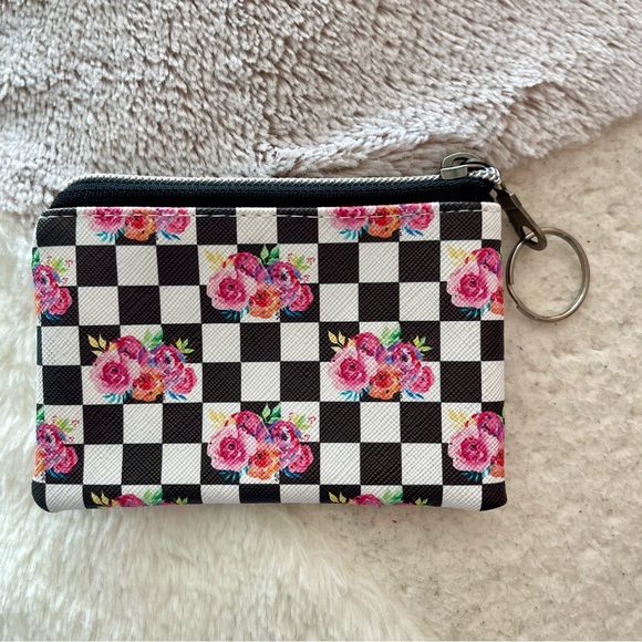Jakari Mini Zipper Pouch/Coin Purse with Key Ring-Floral Checkers - Picture 2 of 4